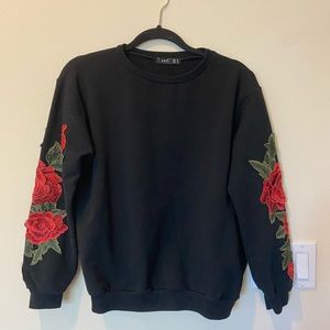 Black Crewneck with Flower Embroidery on Sleeve